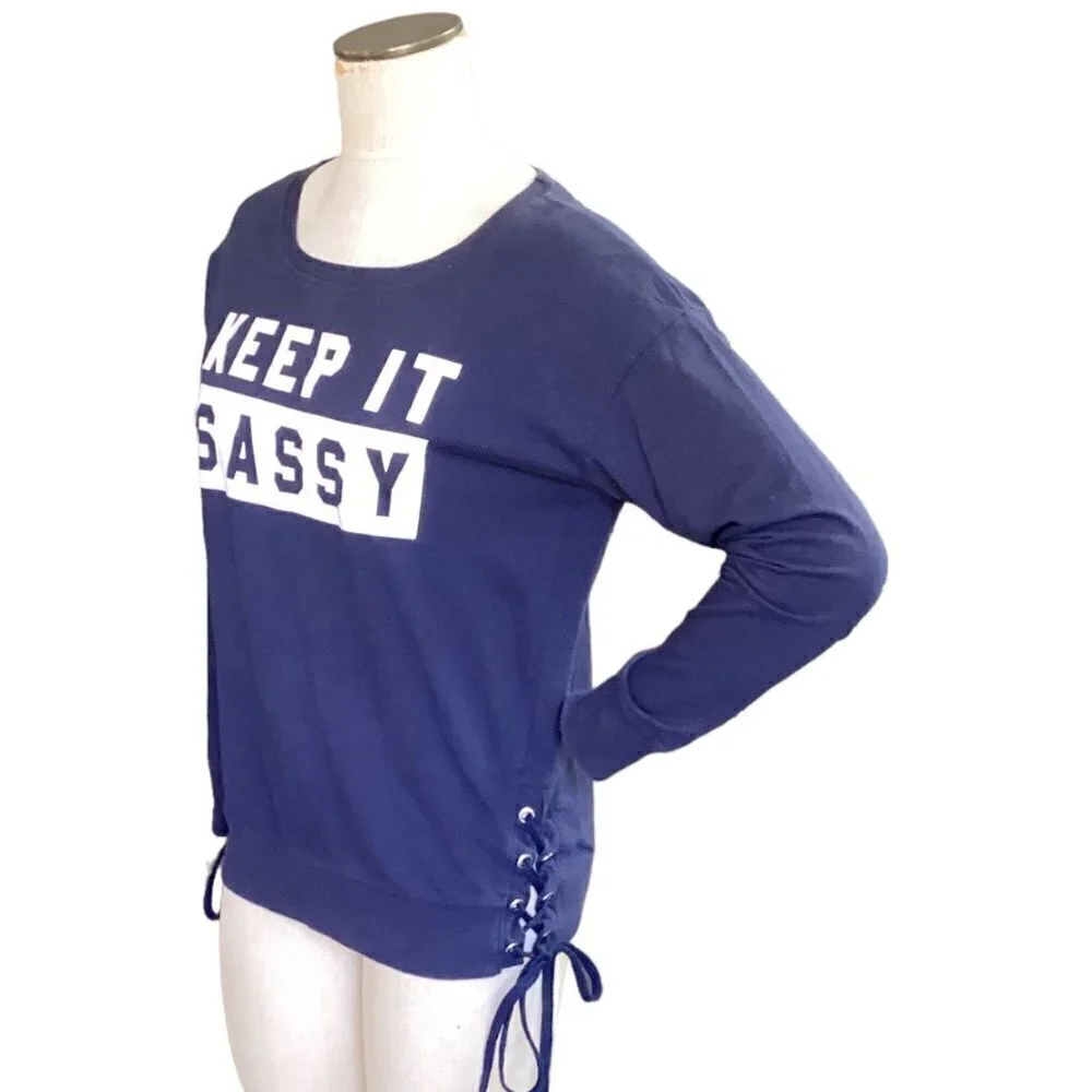 Fifth Sun Keep It Sassy Graphic‎ Sweatshirt/Tee Side Lace-up L Navy Blue #143C - Picture 2 of 8